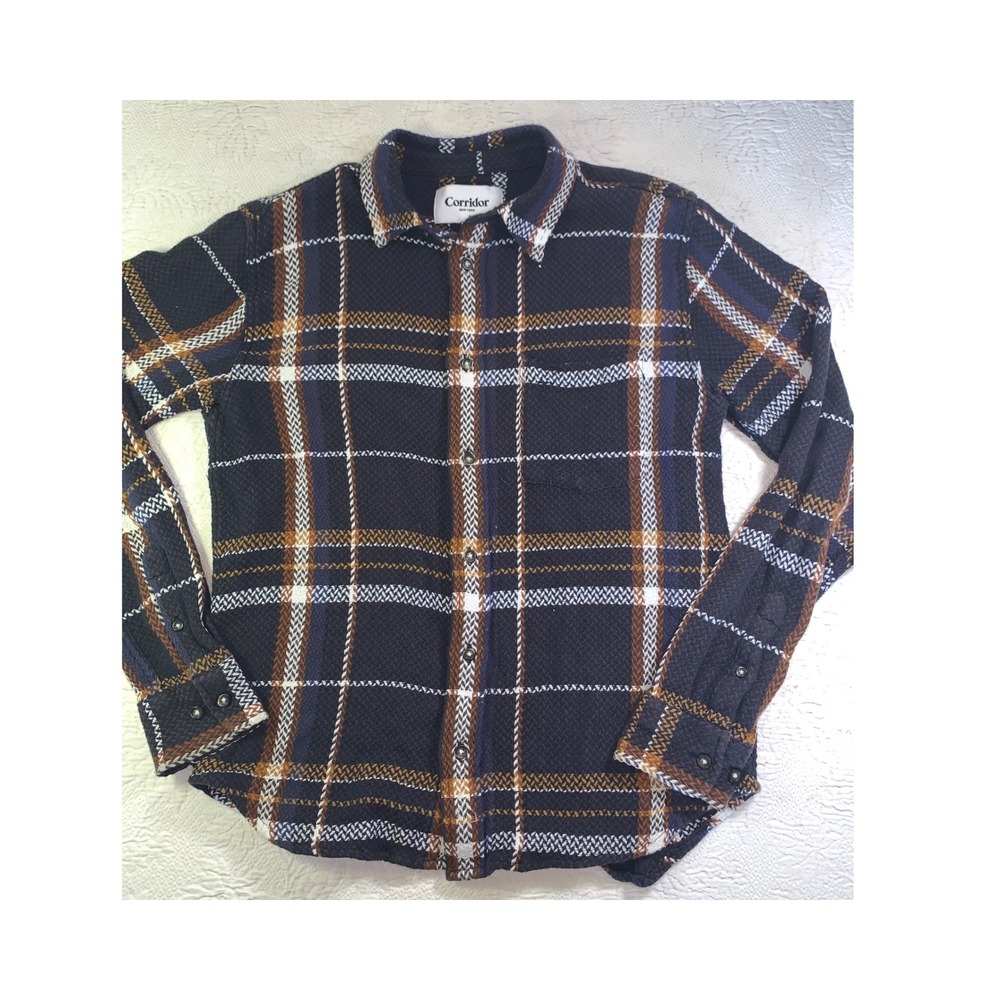 Corridor New York Mens Plaid Herringbone Cotton Button Down Shirt Navy Brown S